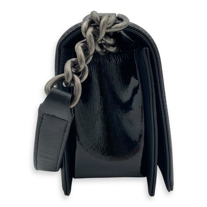 Boy Black Shoulder Bag in Python and Patent Leather, Ruthenium hardware