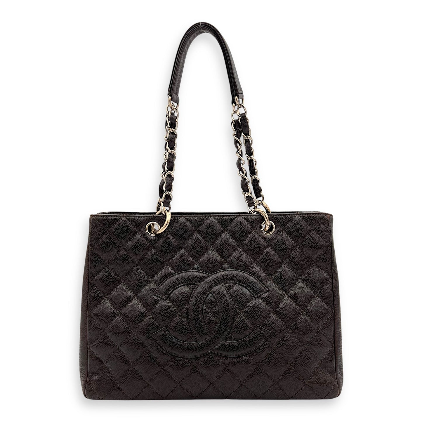 GST Tote Bag Brown in Caviar Leather, Silver hardware