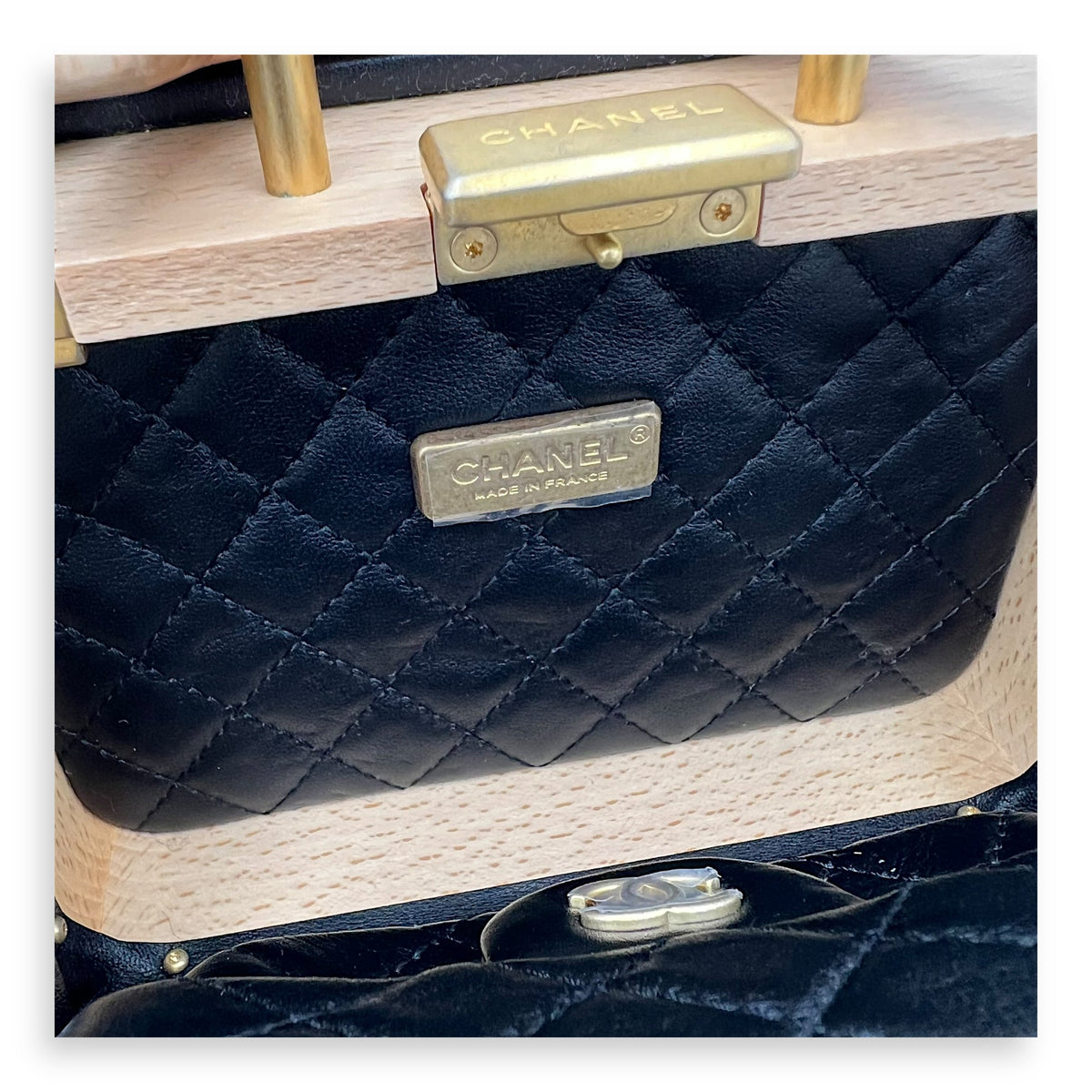 Beech CC Vanity Brown Top Handle Bag in Wood and Leather Trim, Gold hardware