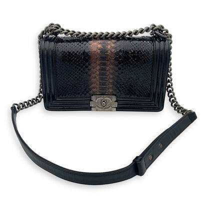 Boy Black Shoulder Bag in Python and Patent Leather, Ruthenium hardware