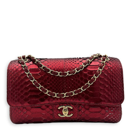 Classic Red Shoulder Bag in Python Leather, Gold hardware