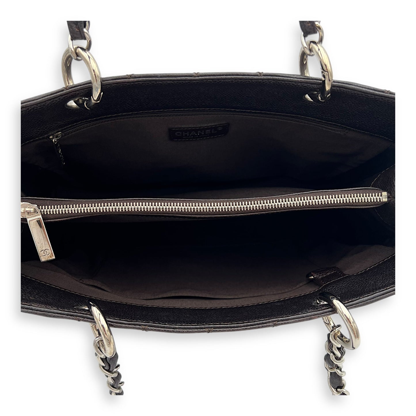 GST Tote Bag Brown in Caviar Leather, Silver hardware