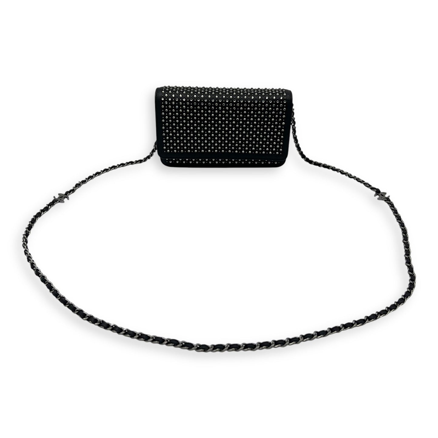 Swarovski flap Wallet On Chain Black in Calfskin, Silver hardware