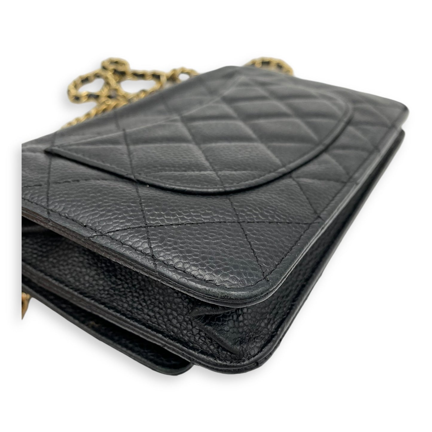 WOC Wallet On Chain Small Black in Caviar Leather, Gold hardware