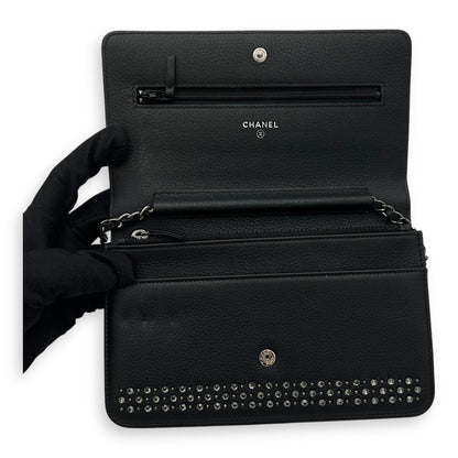 Swarovski flap Wallet On Chain Black in Calfskin, Silver hardware