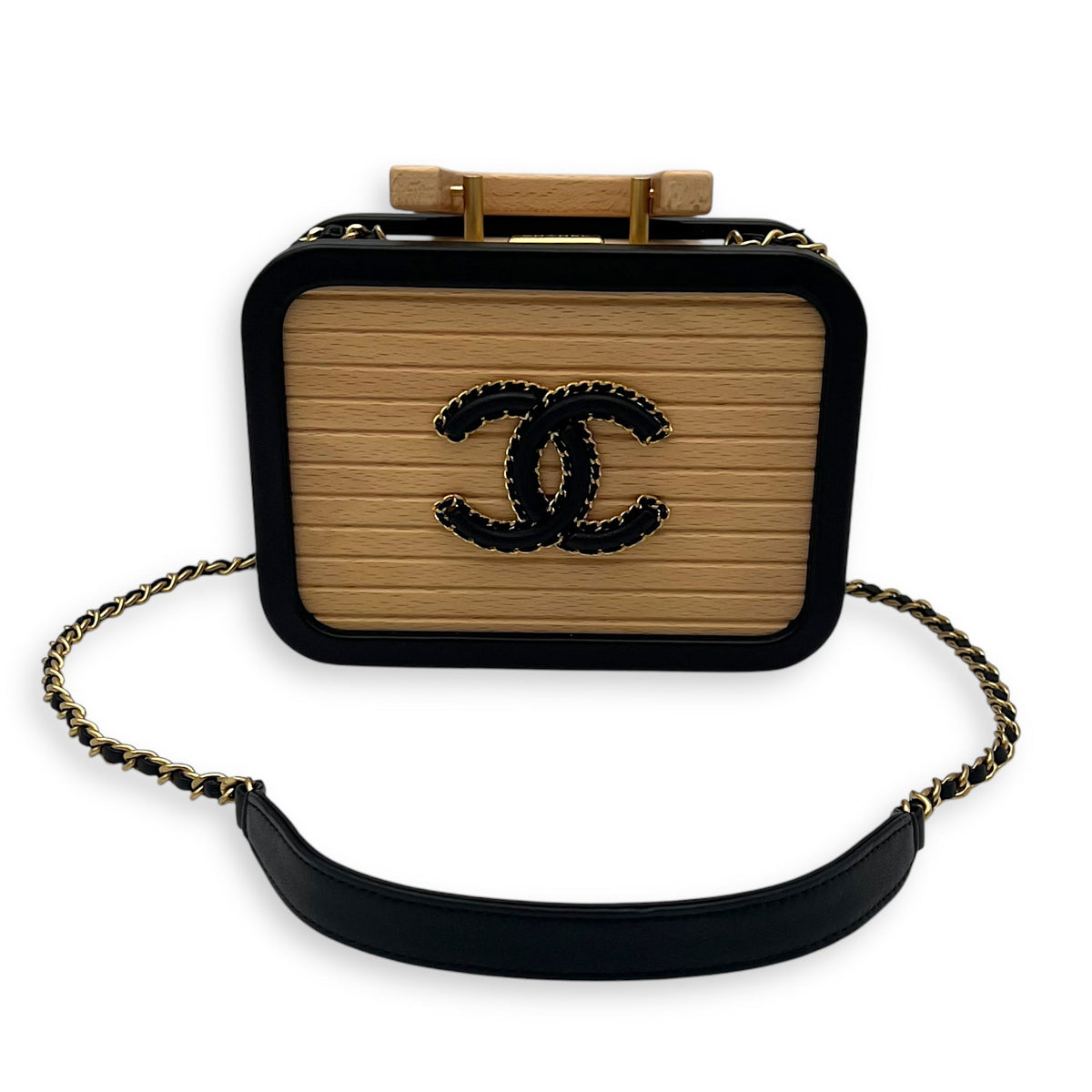 Beech CC Vanity Brown Top Handle Bag in Wood and Leather Trim, Gold hardware