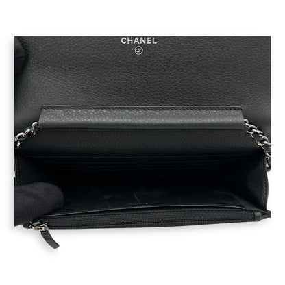 Swarovski flap Wallet On Chain Black in Calfskin, Silver hardware
