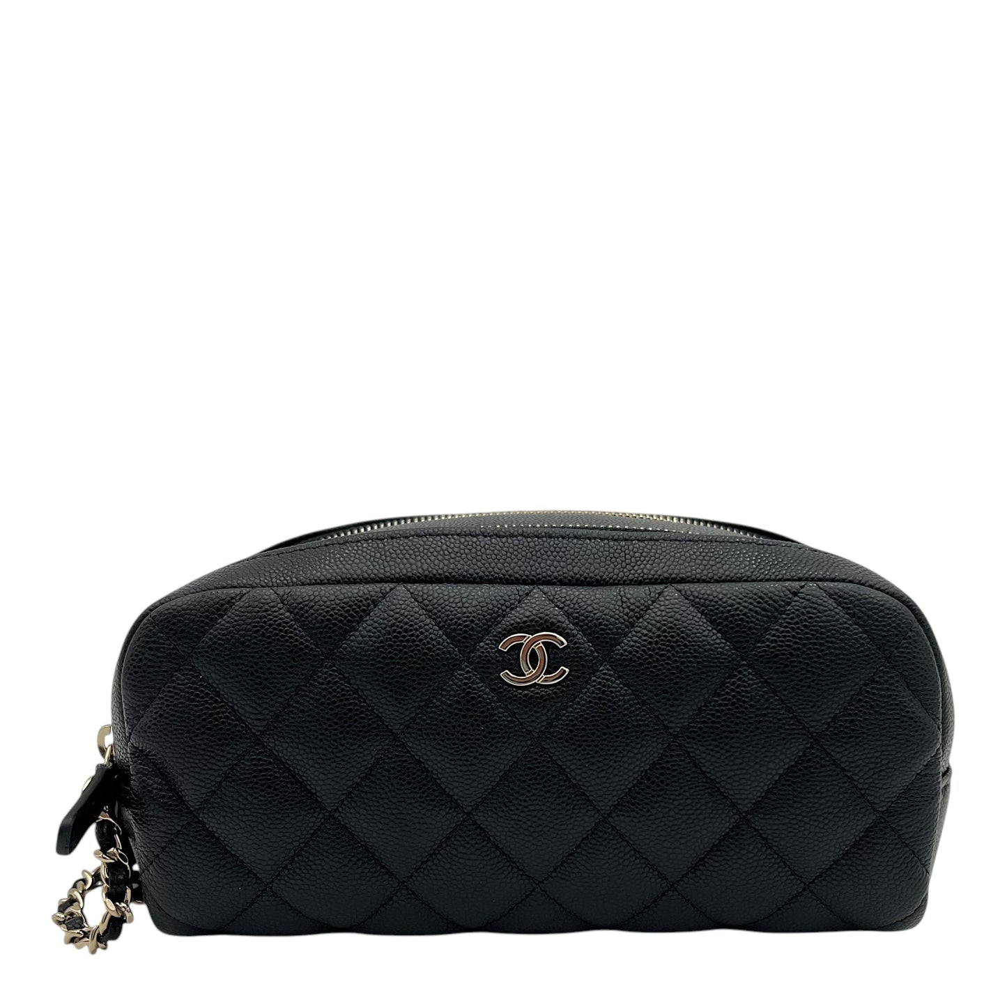 Quilted Double Zip Black Pouch in Caviar Leather, Gold hardware