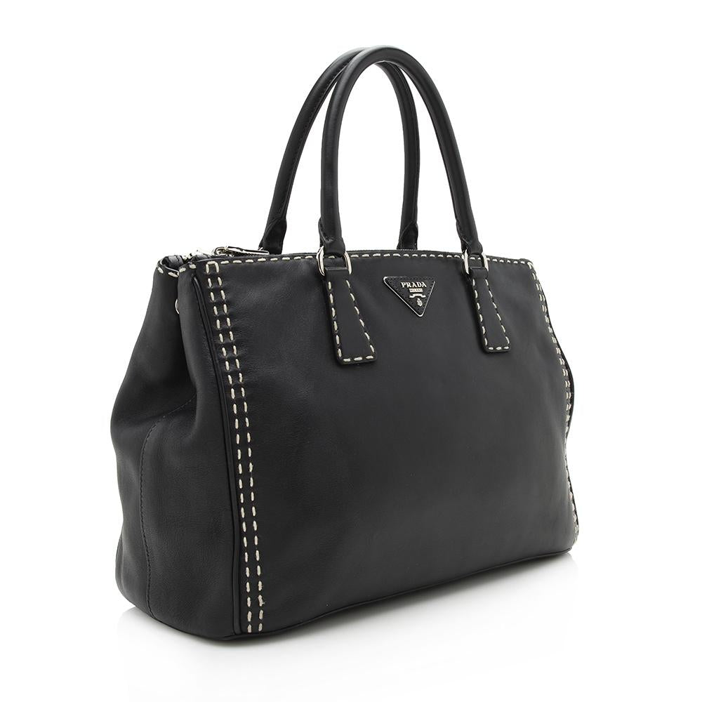 Prada Calfskin Stitched Double-Zip Medium City Tote (SHF-12654)