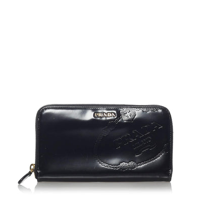 Prada Canapa Logo Patent Leather Zip Around Wallet (SHG-32772)