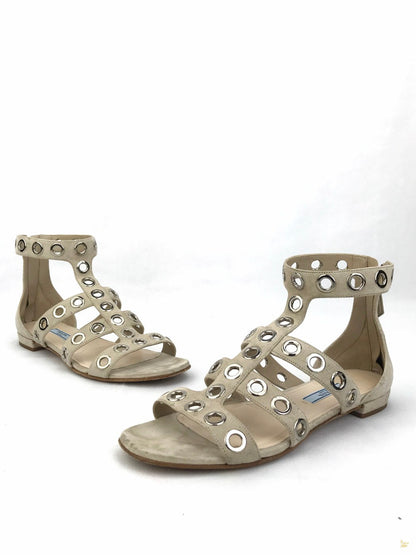 Prada Beige Suede Rivet Stud Caged Sandals