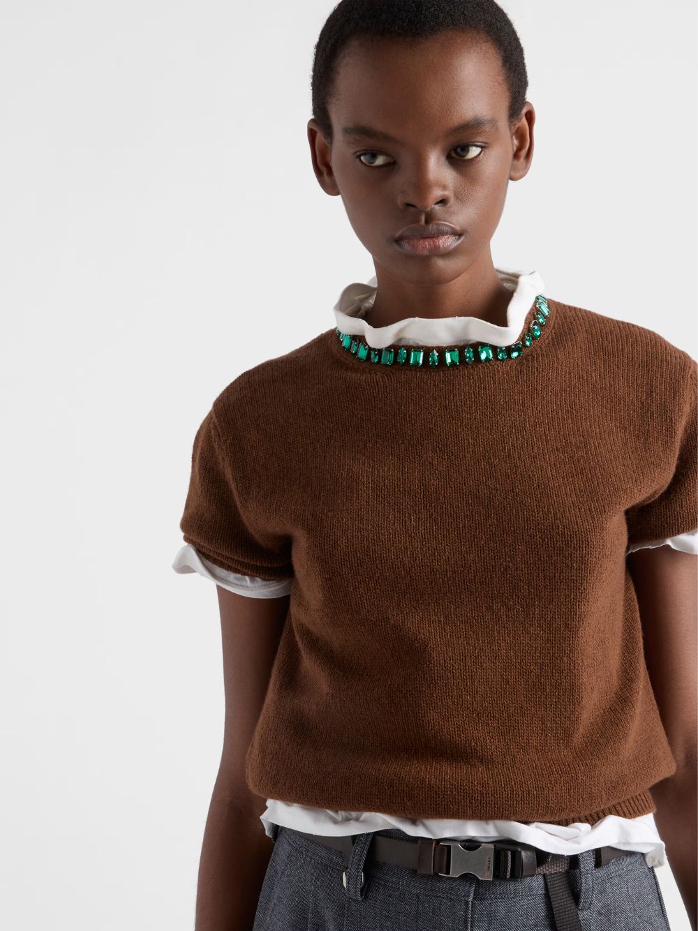 Tobacco Wool-Cashmere Sweater with Jewels