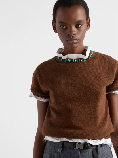 Tobacco Wool-Cashmere Sweater with Jewels