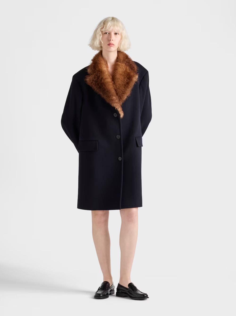 Navy Wool Coat with Shearling Collar