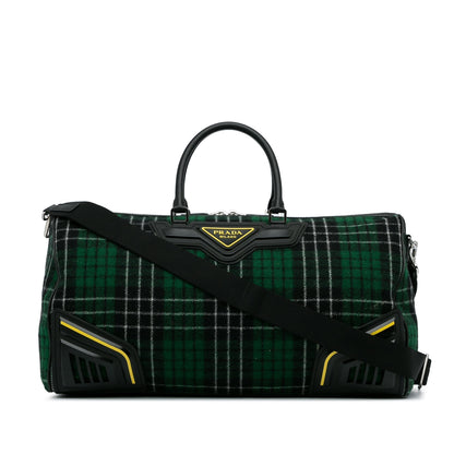 Prada Tartan Travel Bag Green Checkered Wool