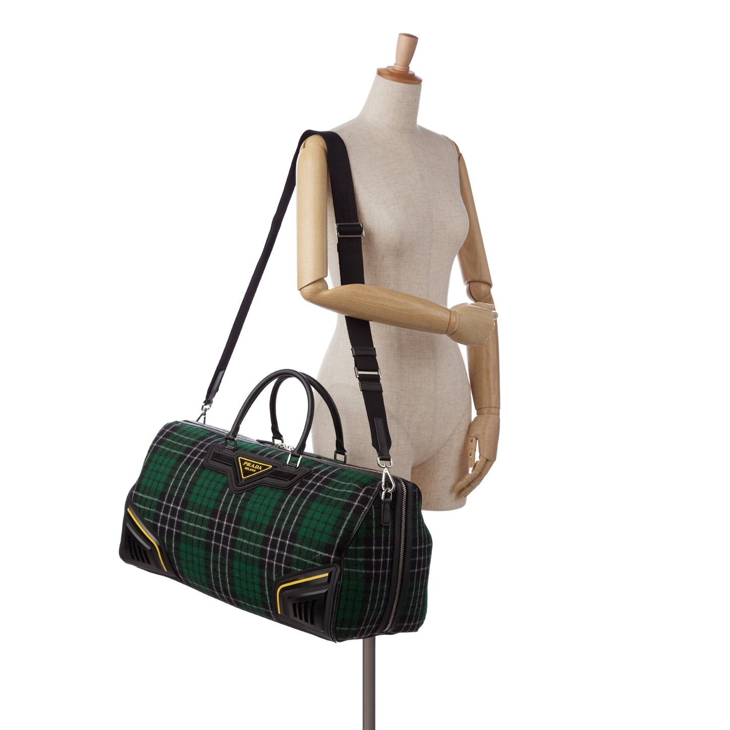 Prada Tartan Travel Bag Green Checkered Wool