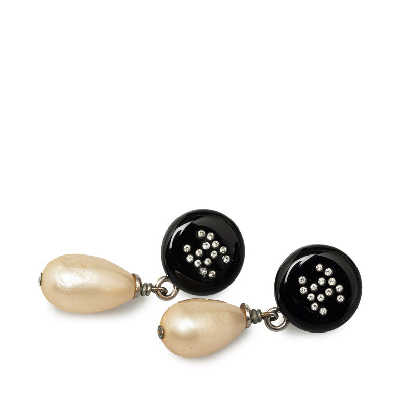 Chanel CC Rhinestone Pearl Drop Earrings Metal Earrings in Good condition