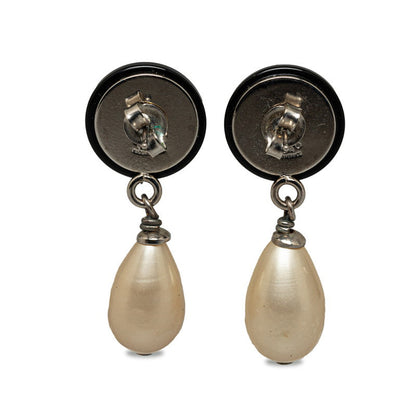 Chanel CC Rhinestone Pearl Drop Earrings Metal Earrings in Good condition