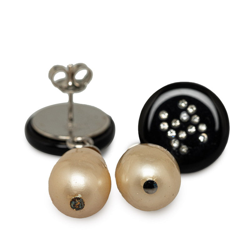 Chanel CC Rhinestone Pearl Drop Earrings Metal Earrings in Good condition