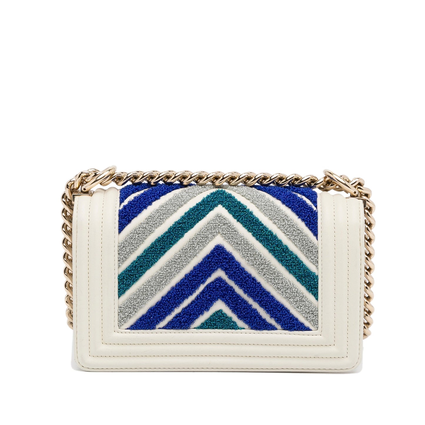 Chanel Boy Small White Embroidered Lurex Chevron Lambskin Gold