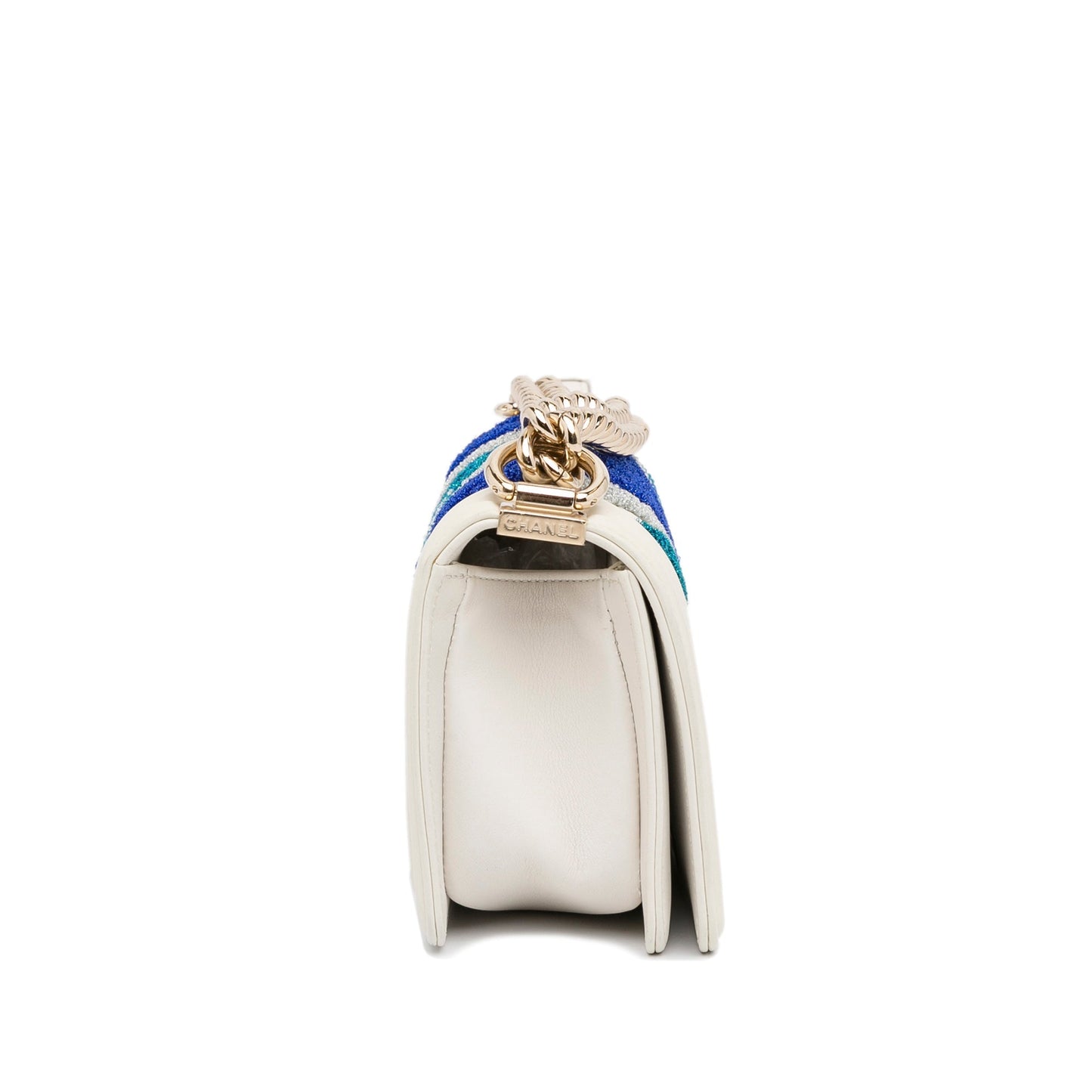 Chanel Boy Small White Embroidered Lurex Chevron Lambskin Gold