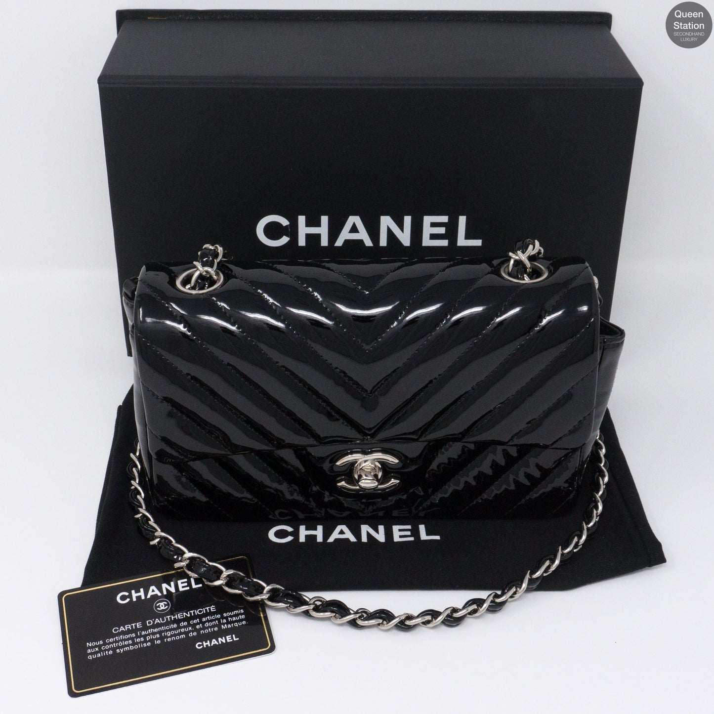 Chevron Rectangular Mini Flap Black Patent Leather Bag