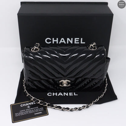 Chevron Rectangular Mini Flap Black Patent Leather Bag