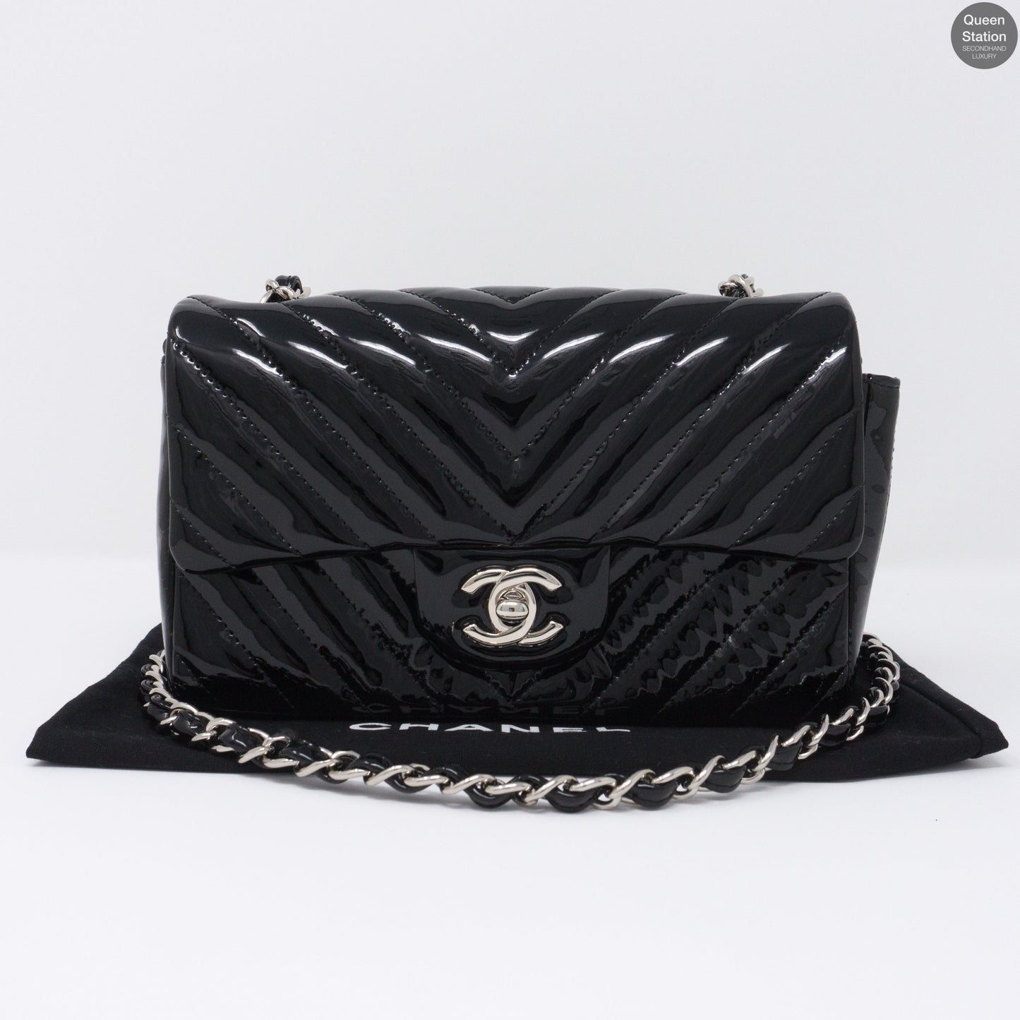Chevron Rectangular Mini Flap Black Patent Leather Bag