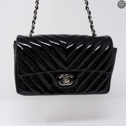 Chevron Rectangular Mini Flap Black Patent Leather Bag