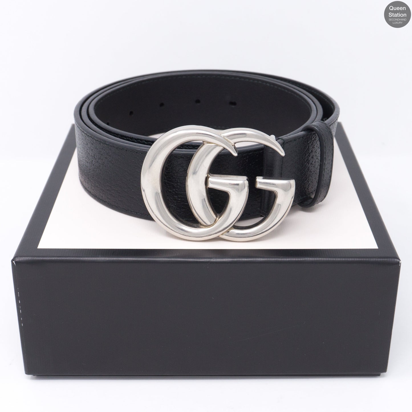 Double G Buckle Black Leather Belt 115 cm