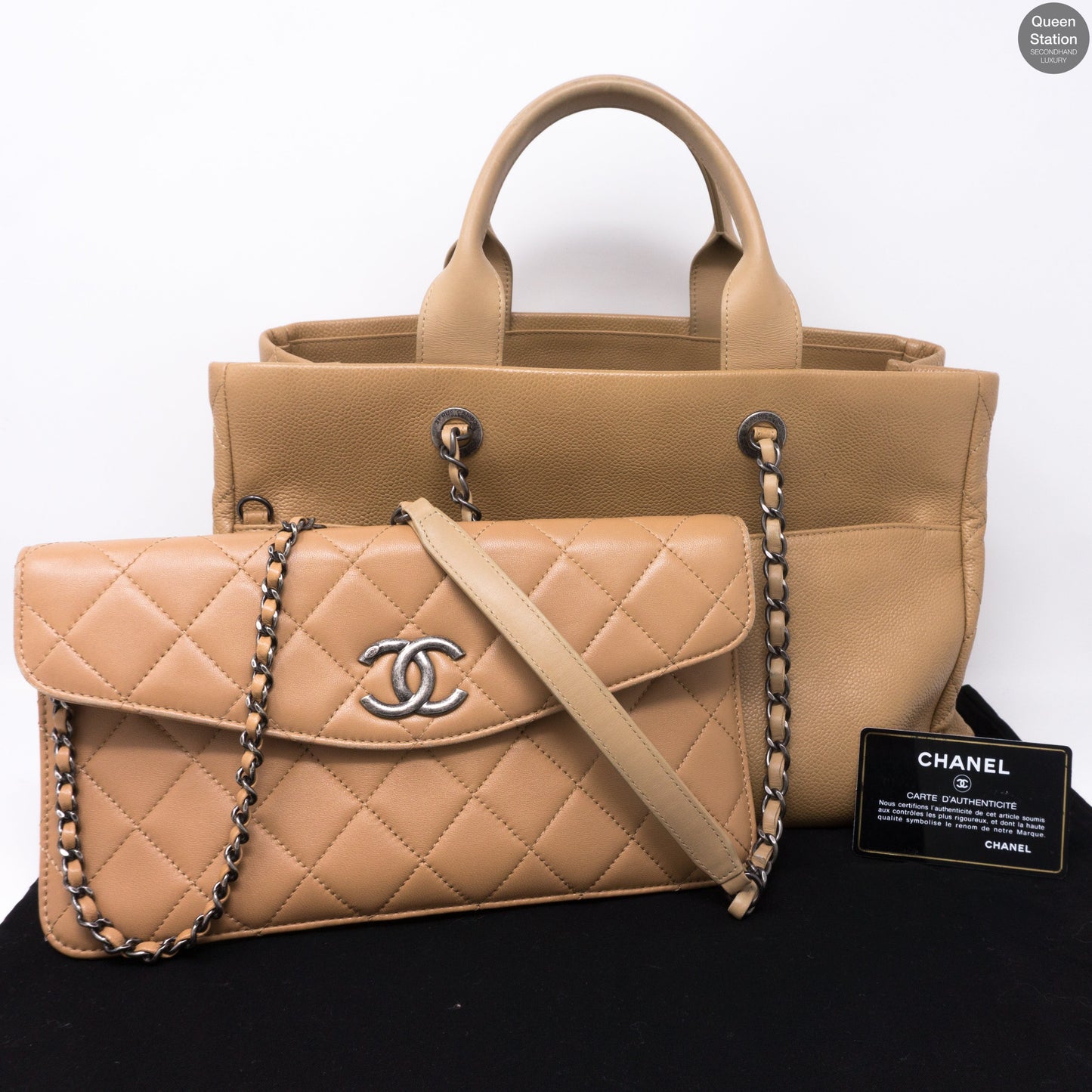 Beige Quilted Tote Bag With Pouch