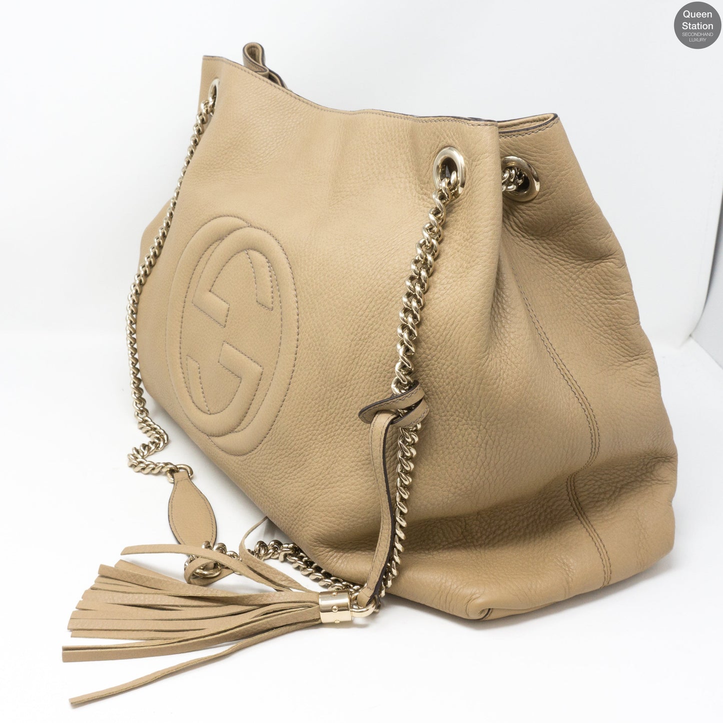 Soho Tassel Chain Large Beige Leather Bag