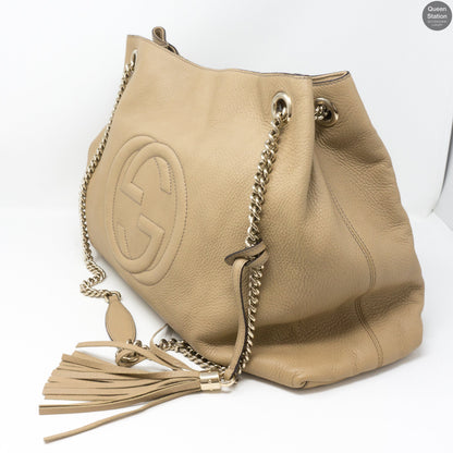 Soho Tassel Chain Large Beige Leather Bag