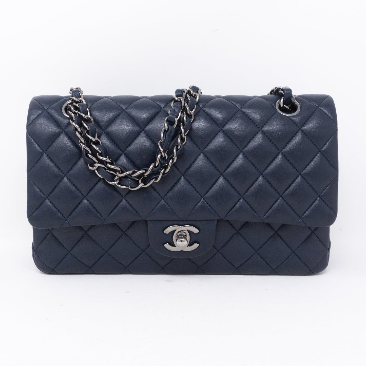 Classic Double Flap Medium Navy Blue Silver