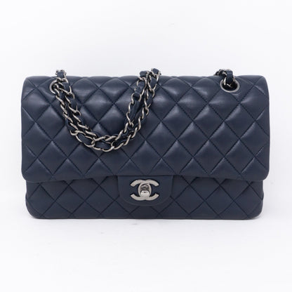 Classic Double Flap Medium Navy Blue Silver