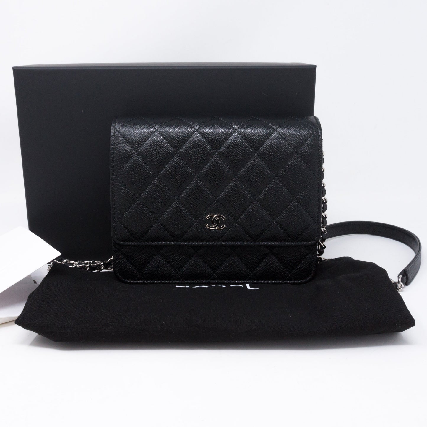 Square Wallet on Chain Black Caviar Leather