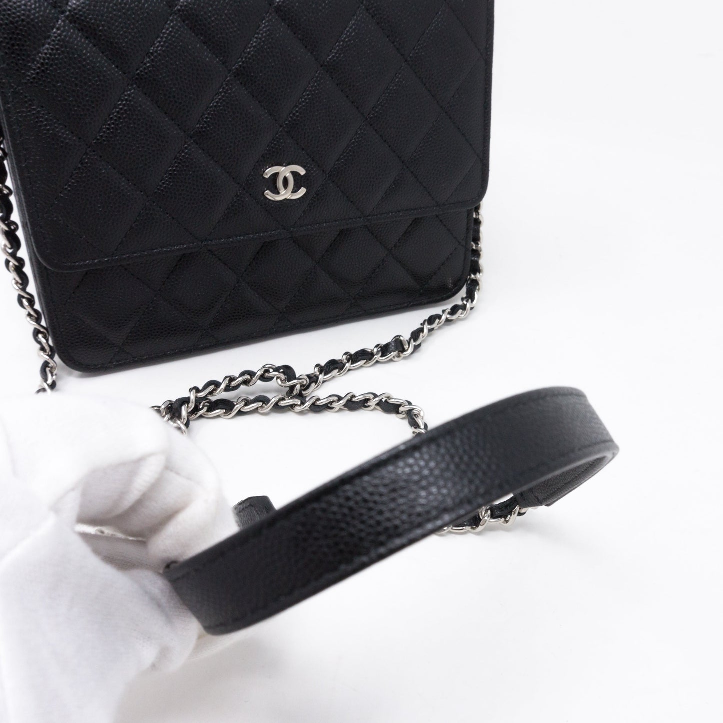 Square Wallet on Chain Black Caviar Leather