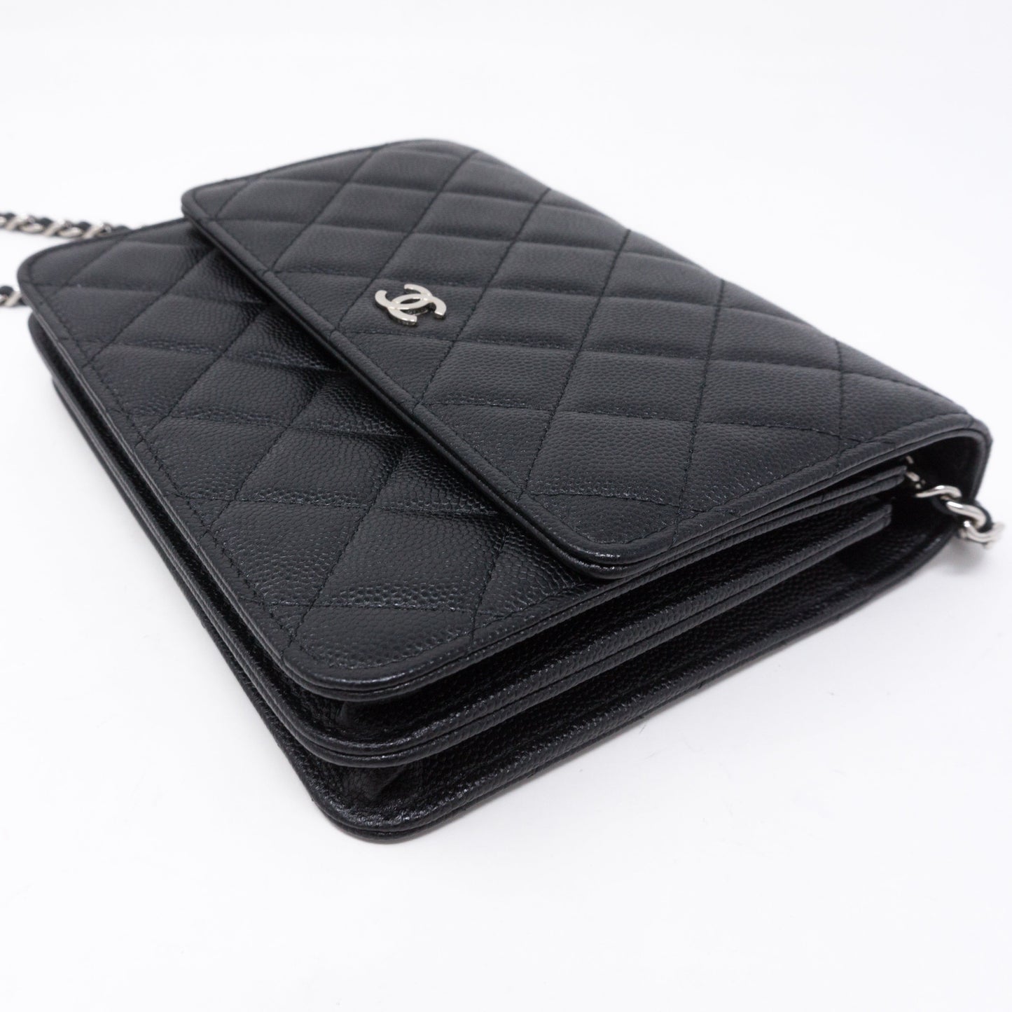 Square Wallet on Chain Black Caviar Leather