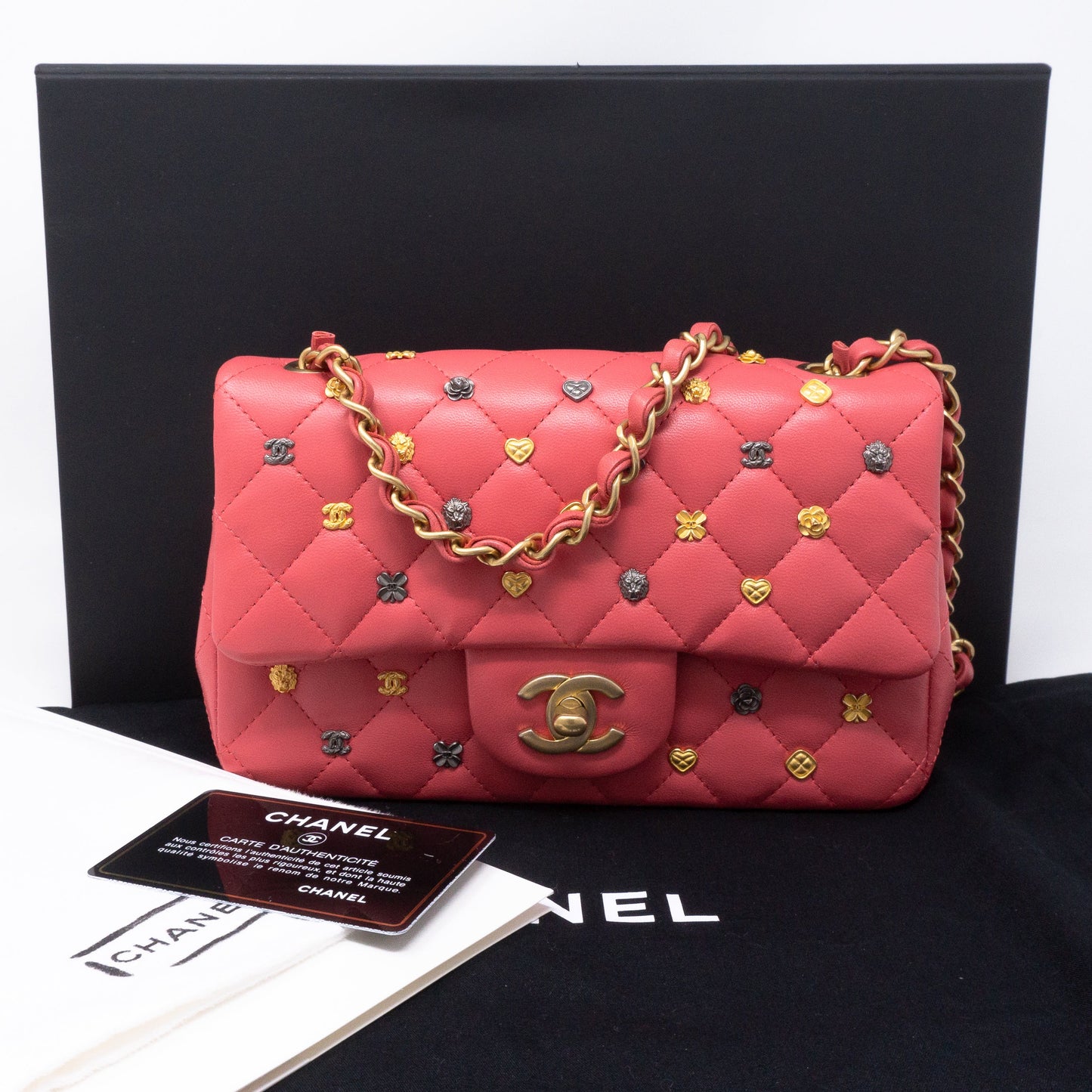 Classic Single Flap Mini Charms Pink Leather