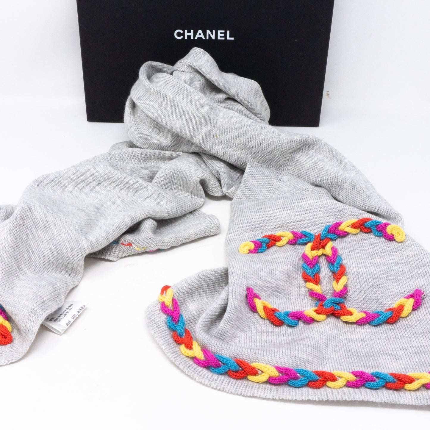 Colorful CC Long Scarf Gray Wool & Silk