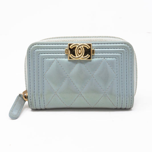 Zipped Coin Purse Iridescent Light Blue Leather