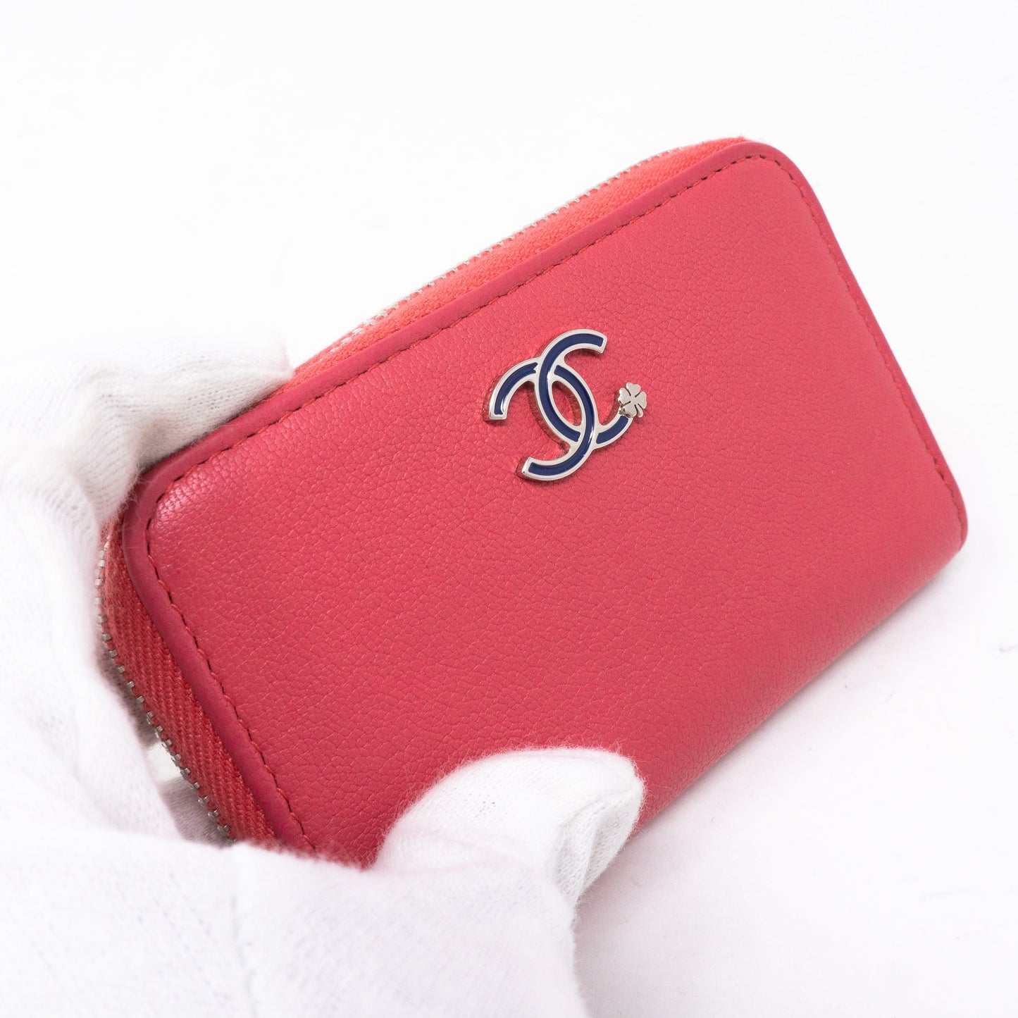 Zipped Coin Purse Lucky Clover Pink Leather