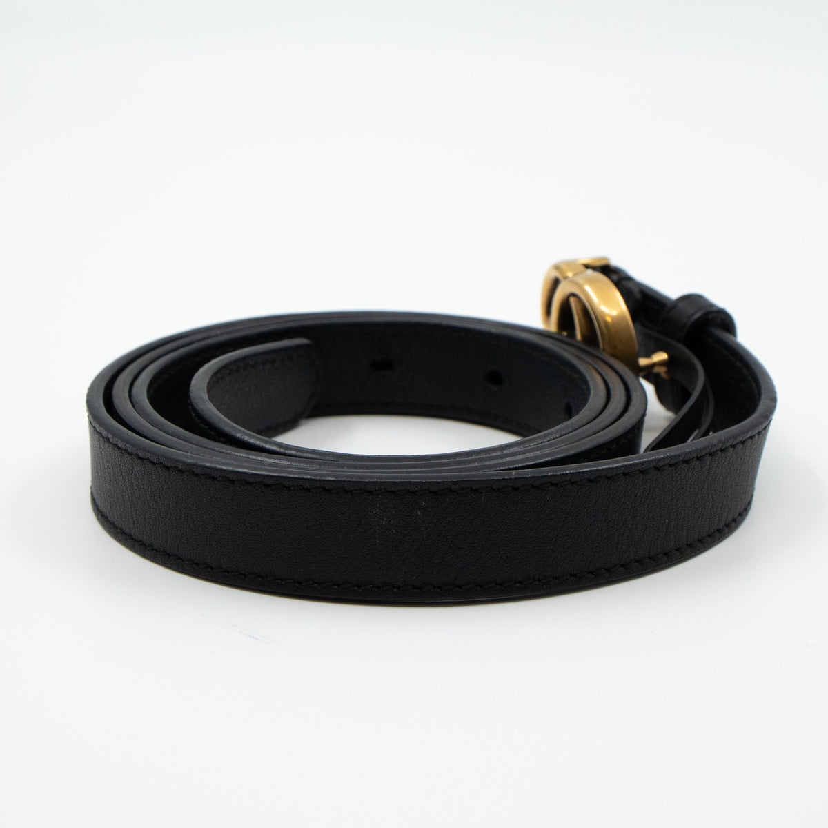 Double G Buckle Black Leather Slim Belt 95 cm