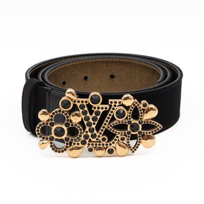 Black Satin Rhinestone Fleurs Runway Belt 85 cm 34 mm