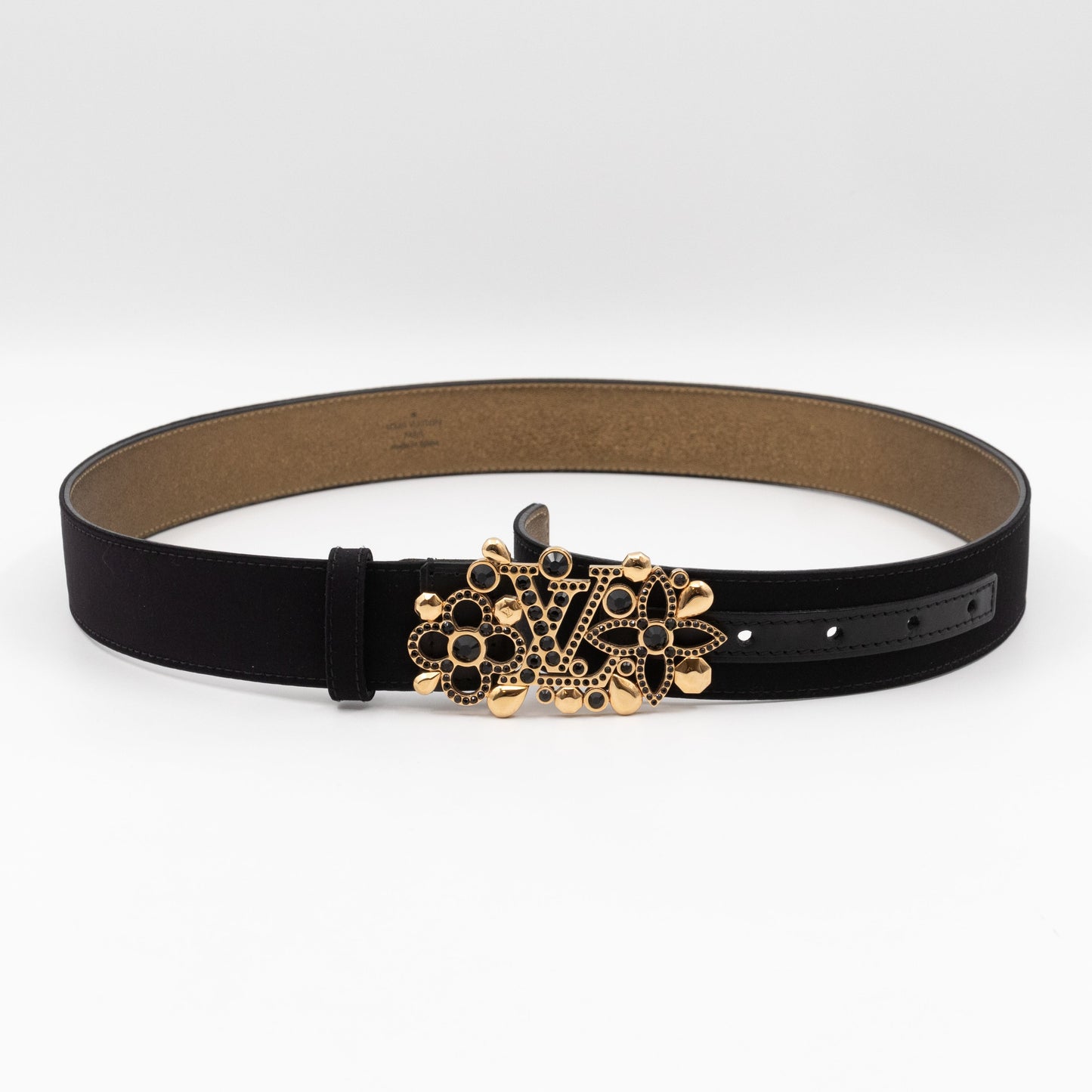 Black Satin Rhinestone Fleurs Runway Belt 85 cm 34 mm