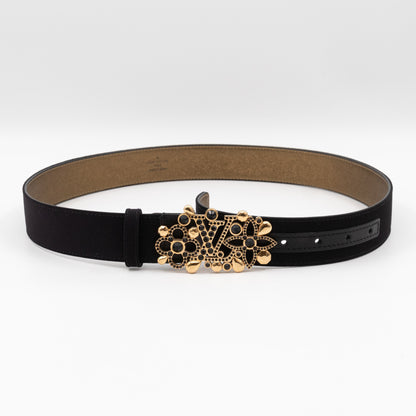 Black Satin Rhinestone Fleurs Runway Belt 85 cm 34 mm