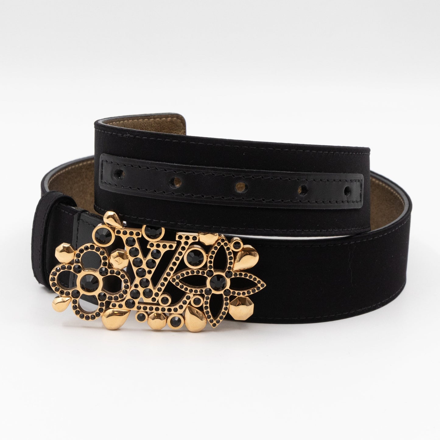 Black Satin Rhinestone Fleurs Runway Belt 85 cm 34 mm