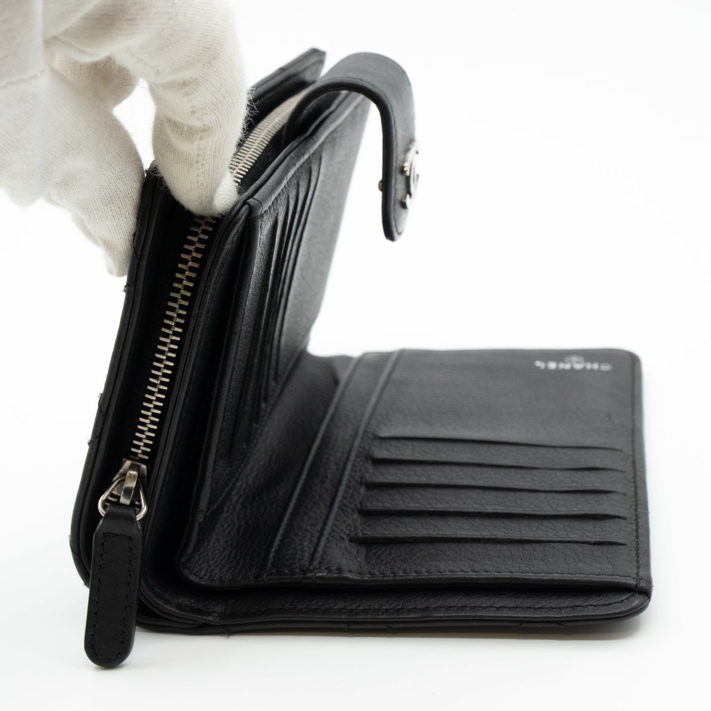 Double Stitched Zip Wallet Black Leather