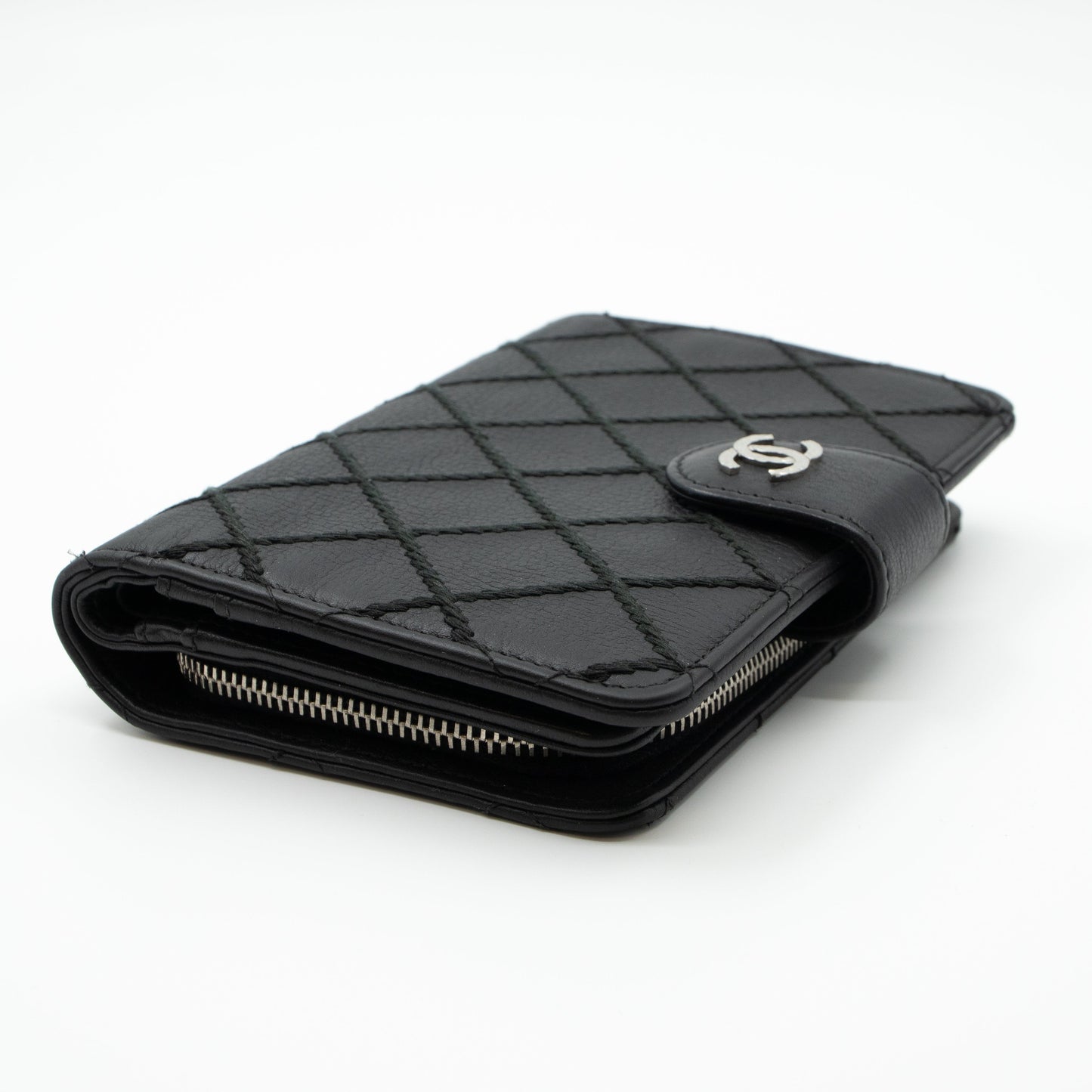 Double Stitched Zip Wallet Black Leather