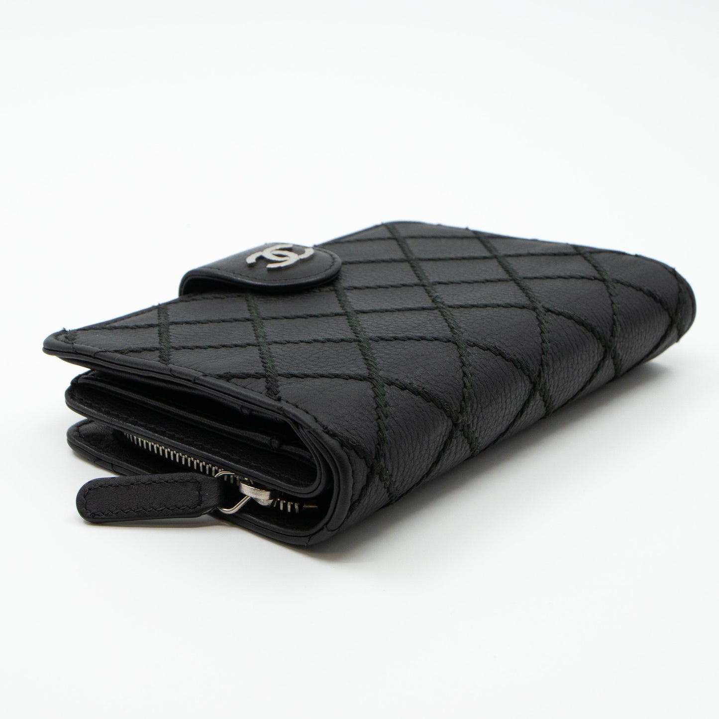 Double Stitched Zip Wallet Black Leather